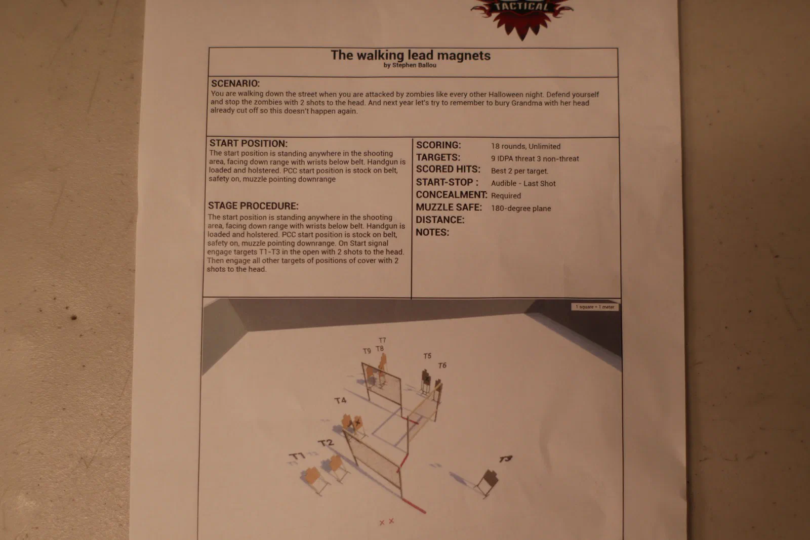 A printed stage briefing with a scenario, start position, scoring details and a diagram